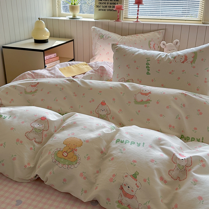 91家纺网 家纺一手货源 找家纺 麦伦家居 2025新款40s斜纹全棉纯棉跑量款卡通小清新四件套 可爱萌宠