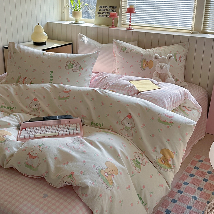 91家纺网 家纺一手货源 找家纺 麦伦家居 2025新款40s斜纹全棉纯棉跑量款卡通小清新四件套 可爱萌宠