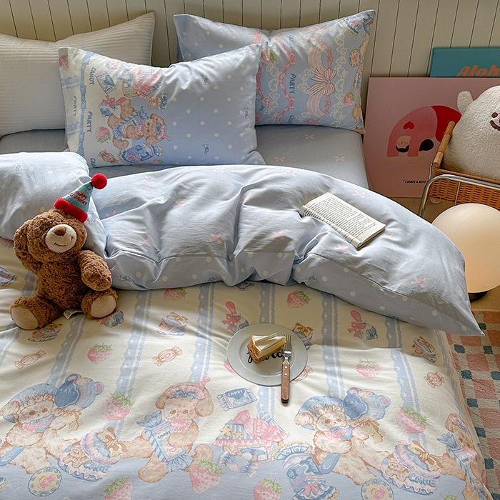 91家纺网 家纺一手货源 找家纺 麦伦家居 2025新款40s斜纹全棉纯棉跑量款卡通小清新四件套 蓝色甜心