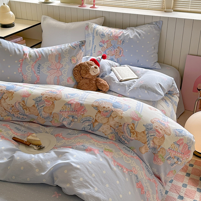 91家纺网 家纺一手货源 找家纺 麦伦家居 2025新款40s斜纹全棉纯棉跑量款卡通小清新四件套 蓝色甜心