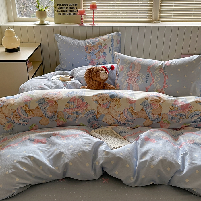 91家纺网 家纺一手货源 找家纺 麦伦家居 2025新款40s斜纹全棉纯棉跑量款卡通小清新四件套 蓝色甜心