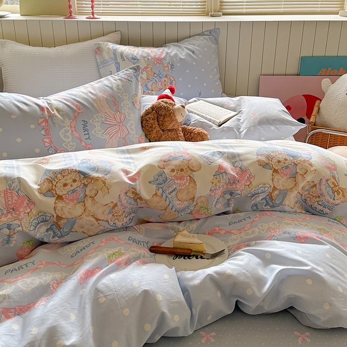 91家纺网 家纺一手货源 找家纺 麦伦家居 2025新款40s斜纹全棉纯棉跑量款卡通小清新四件套 蓝色甜心