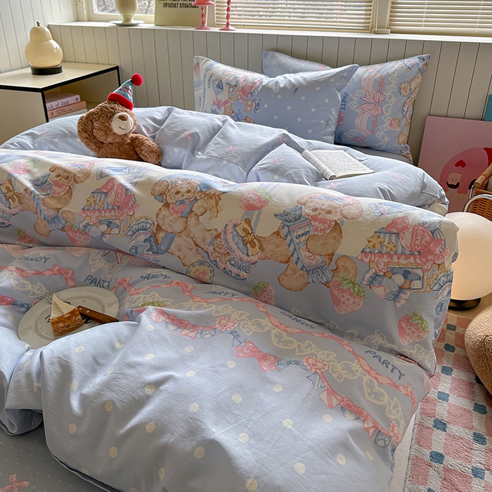 91家纺网 家纺一手货源 找家纺 麦伦家居 2025新款40s斜纹全棉纯棉跑量款卡通小清新四件套 蓝色甜心