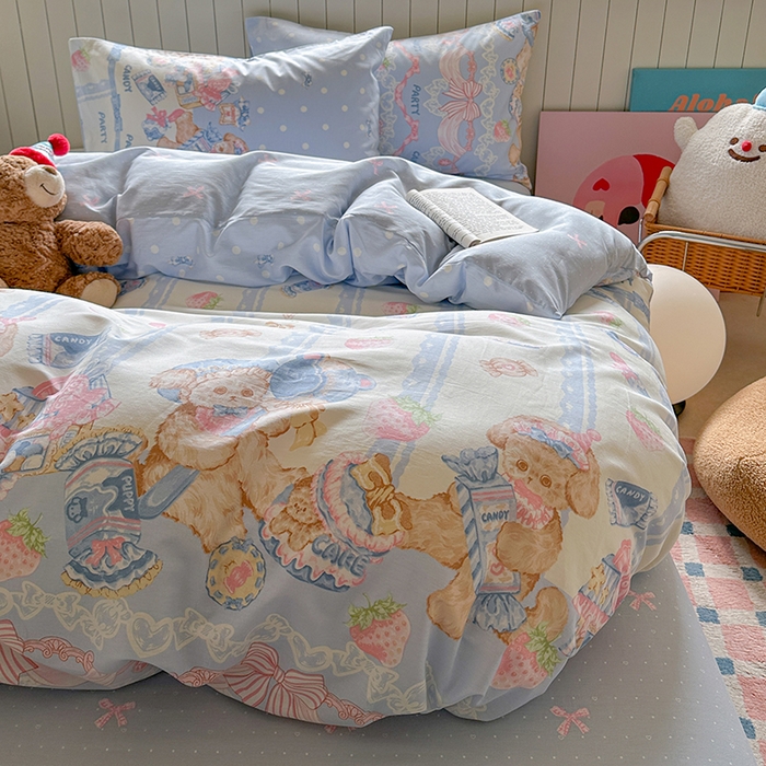 91家纺网 家纺一手货源 找家纺 麦伦家居 2025新款40s斜纹全棉纯棉跑量款卡通小清新四件套 蓝色甜心