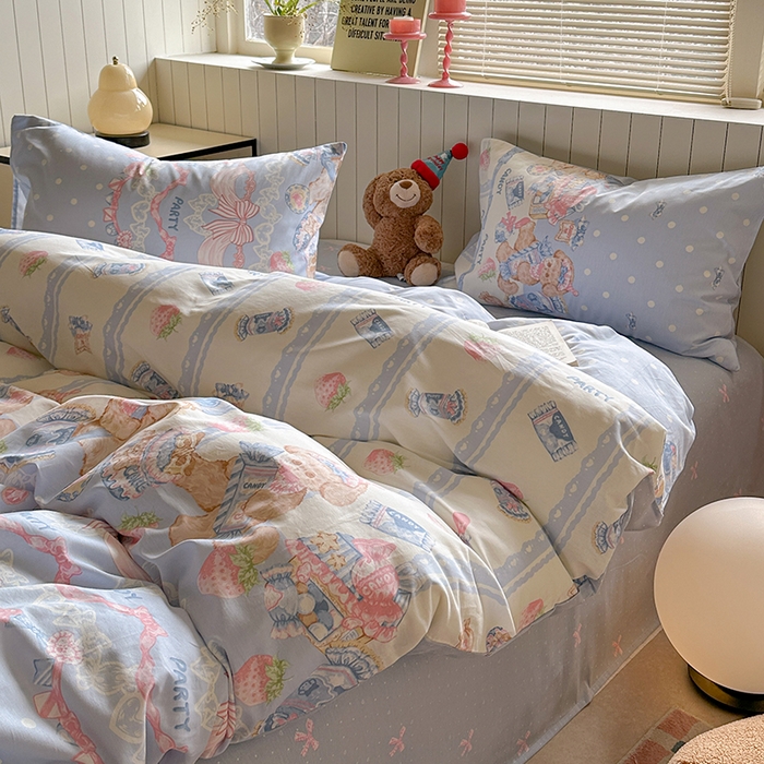 91家纺网 家纺一手货源 找家纺 麦伦家居 2025新款40s斜纹全棉纯棉跑量款卡通小清新四件套 蓝色甜心