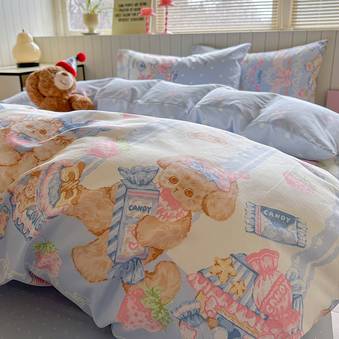 91家纺网 家纺一手货源 找家纺 麦伦家居 2025新款40s斜纹全棉纯棉跑量款卡通小清新四件套 蓝色甜心