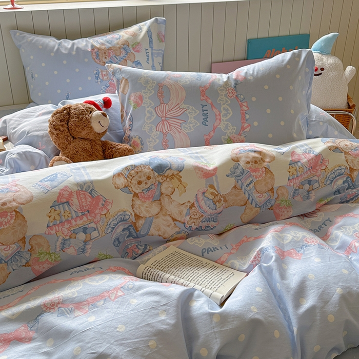 91家纺网 家纺一手货源 找家纺 麦伦家居 2025新款40s斜纹全棉纯棉跑量款卡通小清新四件套 蓝色甜心