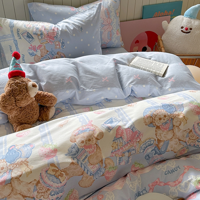 91家纺网 家纺一手货源 找家纺 麦伦家居 2025新款40s斜纹全棉纯棉跑量款卡通小清新四件套 蓝色甜心