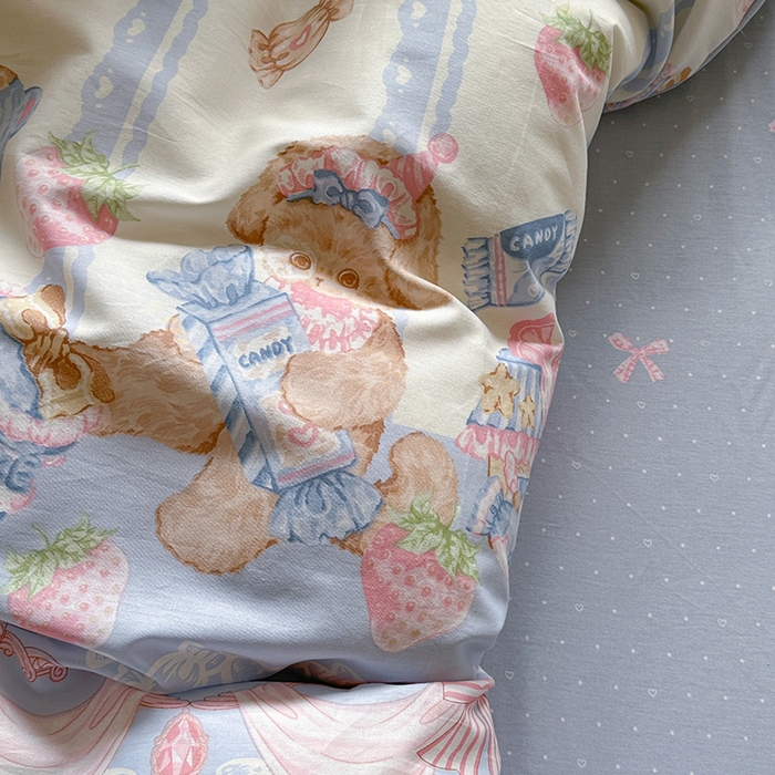 91家纺网 家纺一手货源 找家纺 麦伦家居 2025新款40s斜纹全棉纯棉跑量款卡通小清新四件套 蓝色甜心