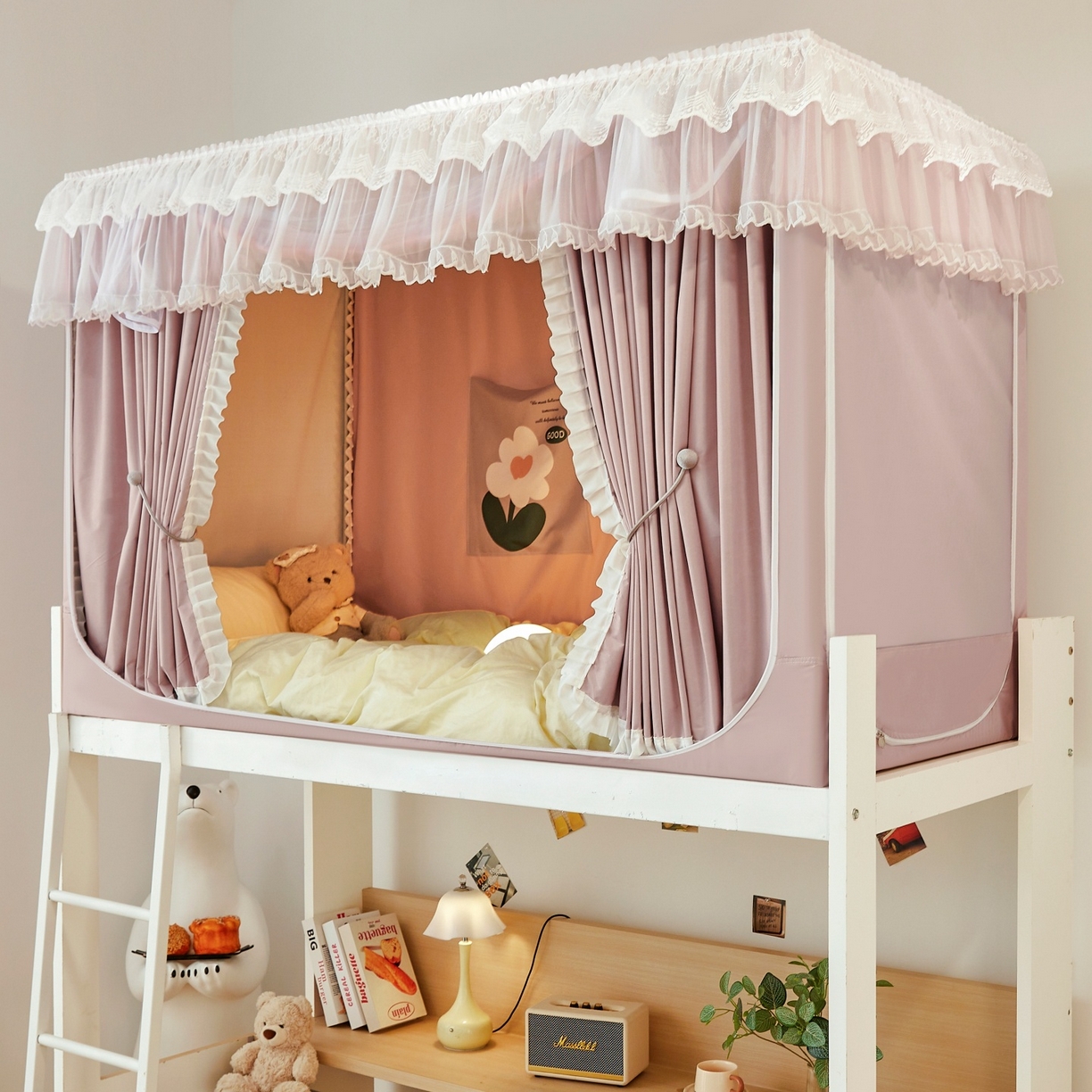 91家纺网 家纺一手货源 找家纺 （总）夏彩 2025新款植绒布蕾丝绣花强遮光铁艺支架学生蚊帐-88625