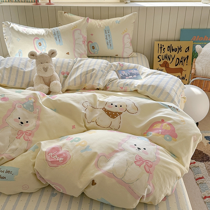 91家纺网 家纺一手货源 找家纺 麦伦家居 2025新款40s斜纹全棉纯棉跑量款卡通小清新四件套 萌趣乐园