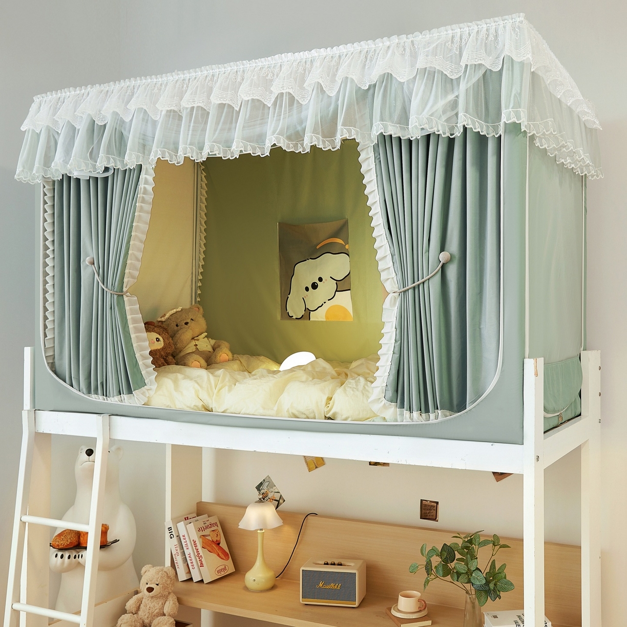 91家纺网 家纺一手货源 找家纺 （总）夏彩 2025新款植绒布蕾丝绣花强遮光铁艺支架学生蚊帐-88625