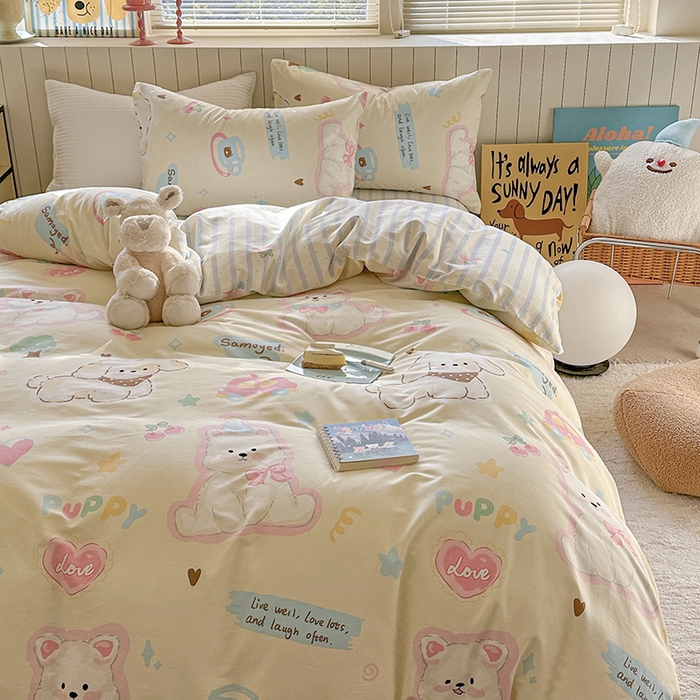 91家纺网 家纺一手货源 找家纺 麦伦家居 2025新款40s斜纹全棉纯棉跑量款卡通小清新四件套 萌趣乐园