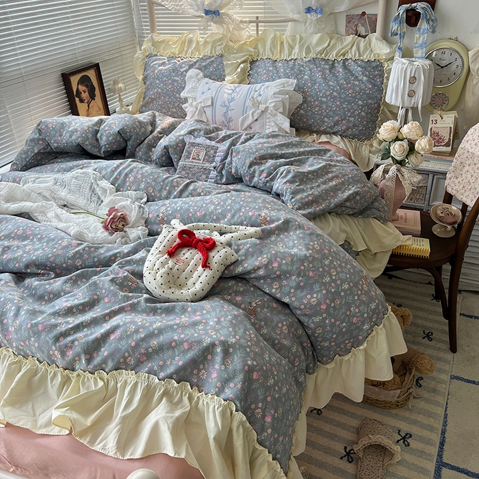 91家纺网 家纺一手货源 找家纺 原素 2025开学季法式花边A类水洗棉四件套 花园兔