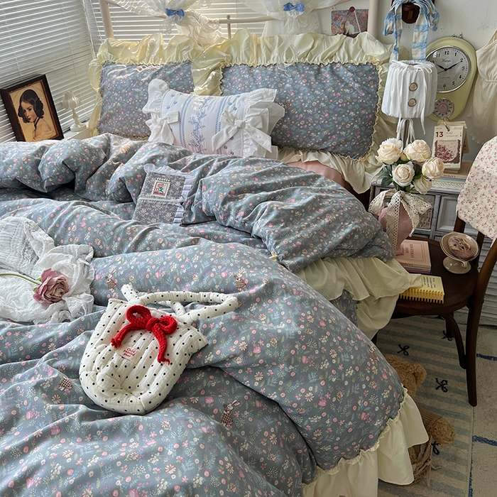 91家纺网 家纺一手货源 找家纺 原素 2025开学季法式花边A类水洗棉四件套 花园兔