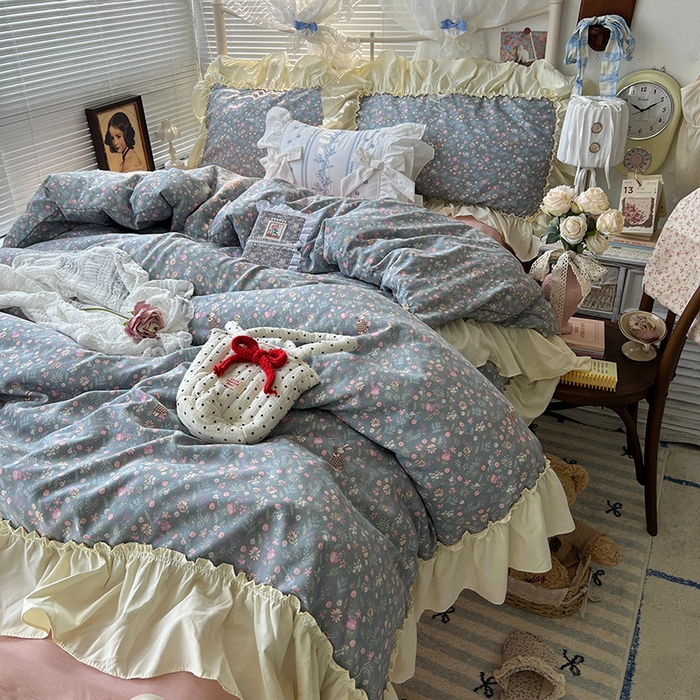 91家纺网 家纺一手货源 找家纺 原素 2025开学季法式花边A类水洗棉四件套 花园兔