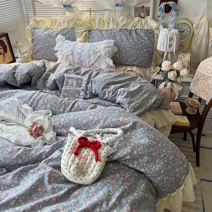 91家纺网 家纺一手货源 找家纺 原素 2025开学季法式花边A类水洗棉四件套 花园兔