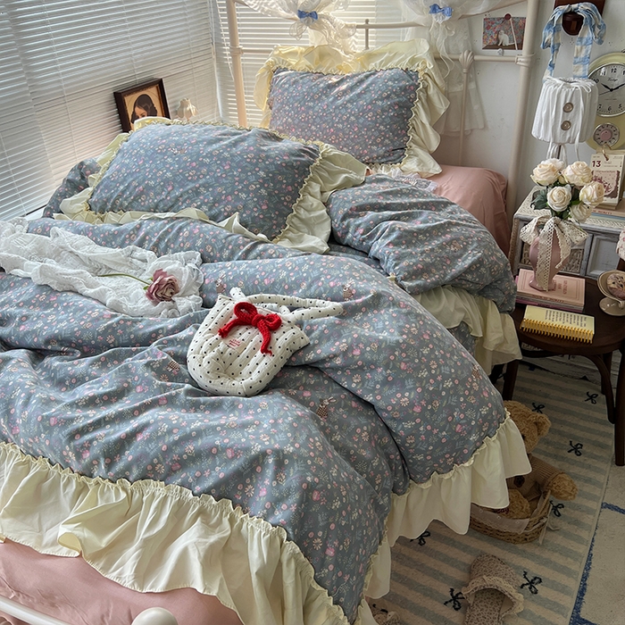 91家纺网 家纺一手货源 找家纺 原素 2025开学季法式花边A类水洗棉四件套 花园兔