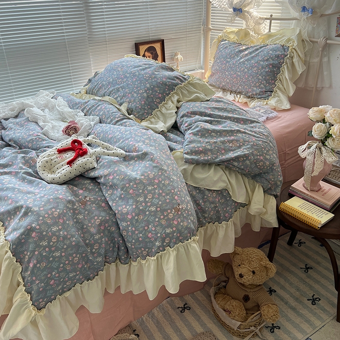 91家纺网 家纺一手货源 找家纺 原素 2025开学季法式花边A类水洗棉四件套 花园兔