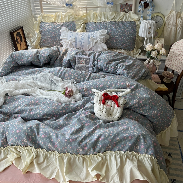 91家纺网 家纺一手货源 找家纺 原素 2025开学季法式花边A类水洗棉四件套 花园兔