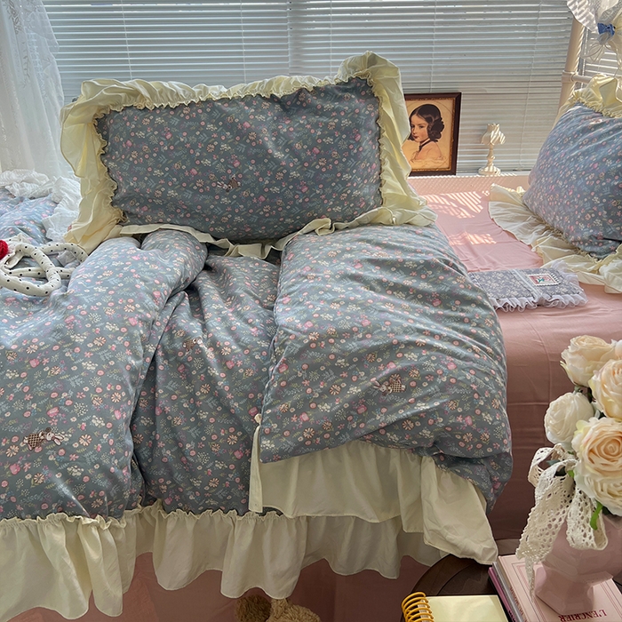 91家纺网 家纺一手货源 找家纺 原素 2025开学季法式花边A类水洗棉四件套 花园兔