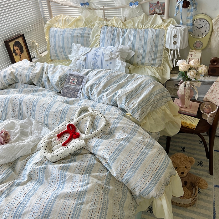 91家纺网 家纺一手货源 找家纺 原素 2025开学季法式花边A类水洗棉四件套 夜曲