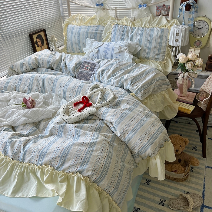 91家纺网 家纺一手货源 找家纺 原素 2025开学季法式花边A类水洗棉四件套 夜曲