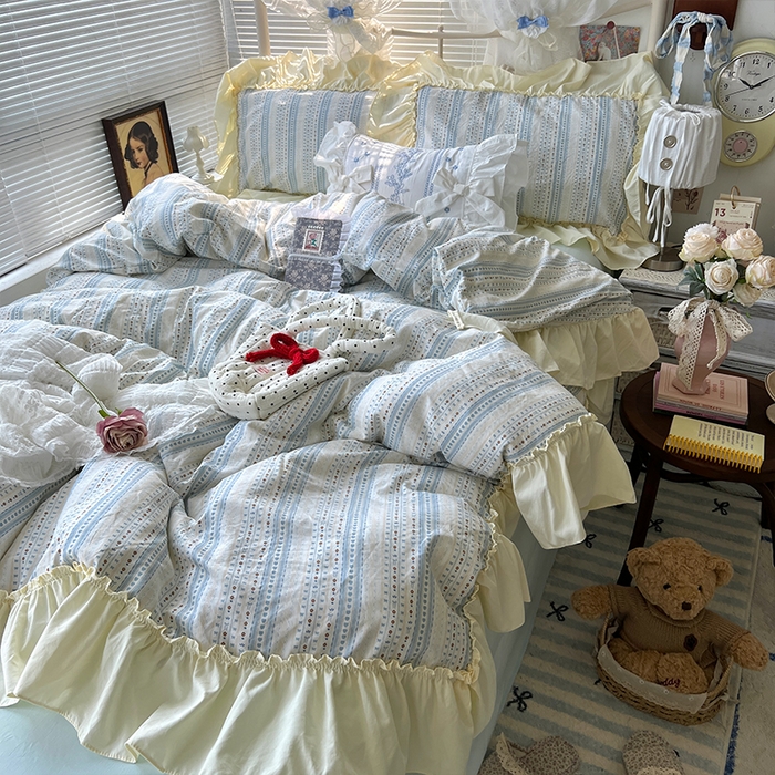 91家纺网 家纺一手货源 找家纺 原素 2025开学季法式花边A类水洗棉四件套 夜曲