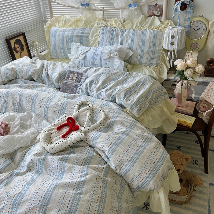 91家纺网 家纺一手货源 找家纺 原素 2025开学季法式花边A类水洗棉四件套 夜曲