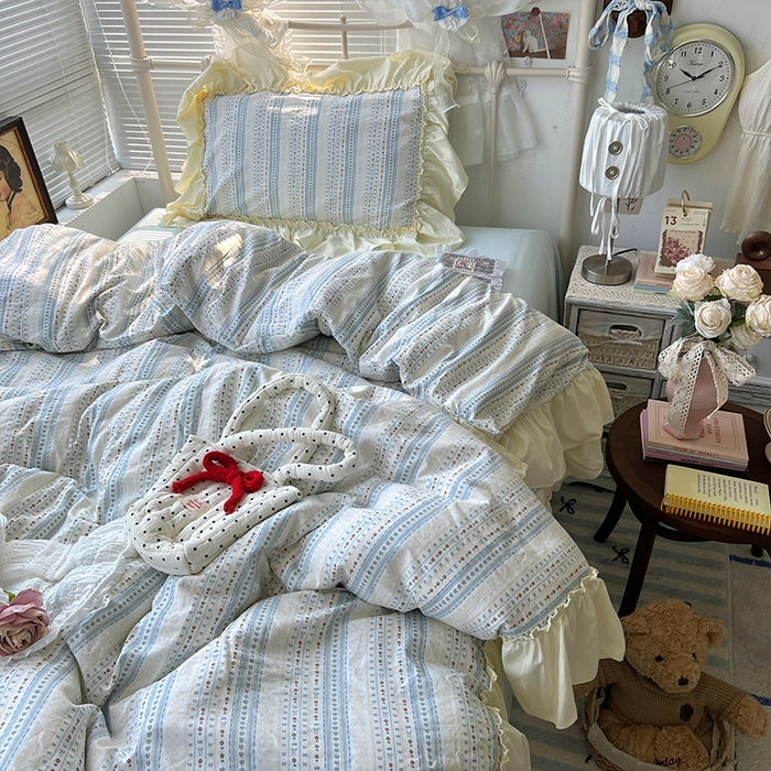 91家纺网 家纺一手货源 找家纺 原素 2025开学季法式花边A类水洗棉四件套 夜曲