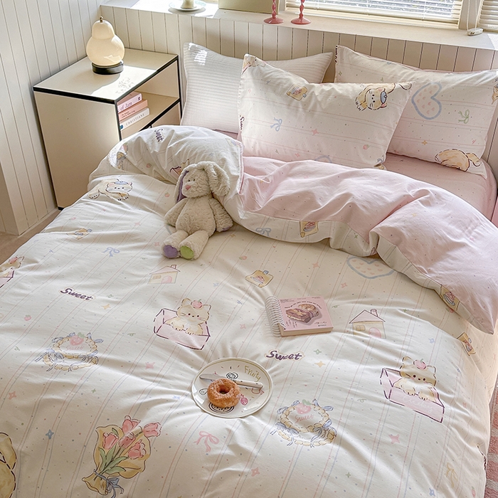 91家纺网 家纺一手货源 找家纺 麦伦家居 2025新款40s斜纹全棉纯棉跑量款卡通小清新四件套 小确幸