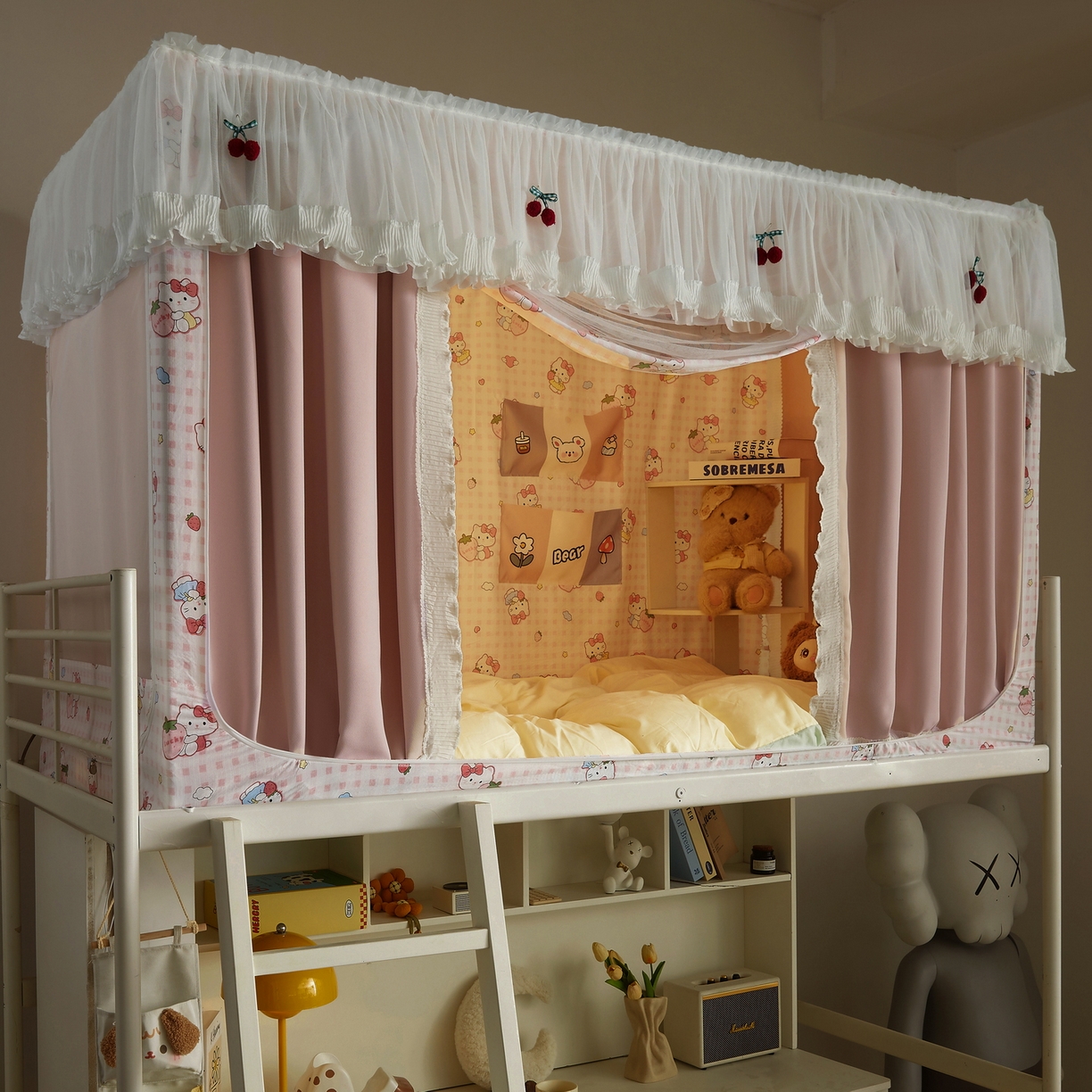 91家纺网 家纺一手货源 找家纺 （总）夏彩 2025新款棉麻雪纺花边床帘强遮光印花铁艺支架学生蚊帐-88626