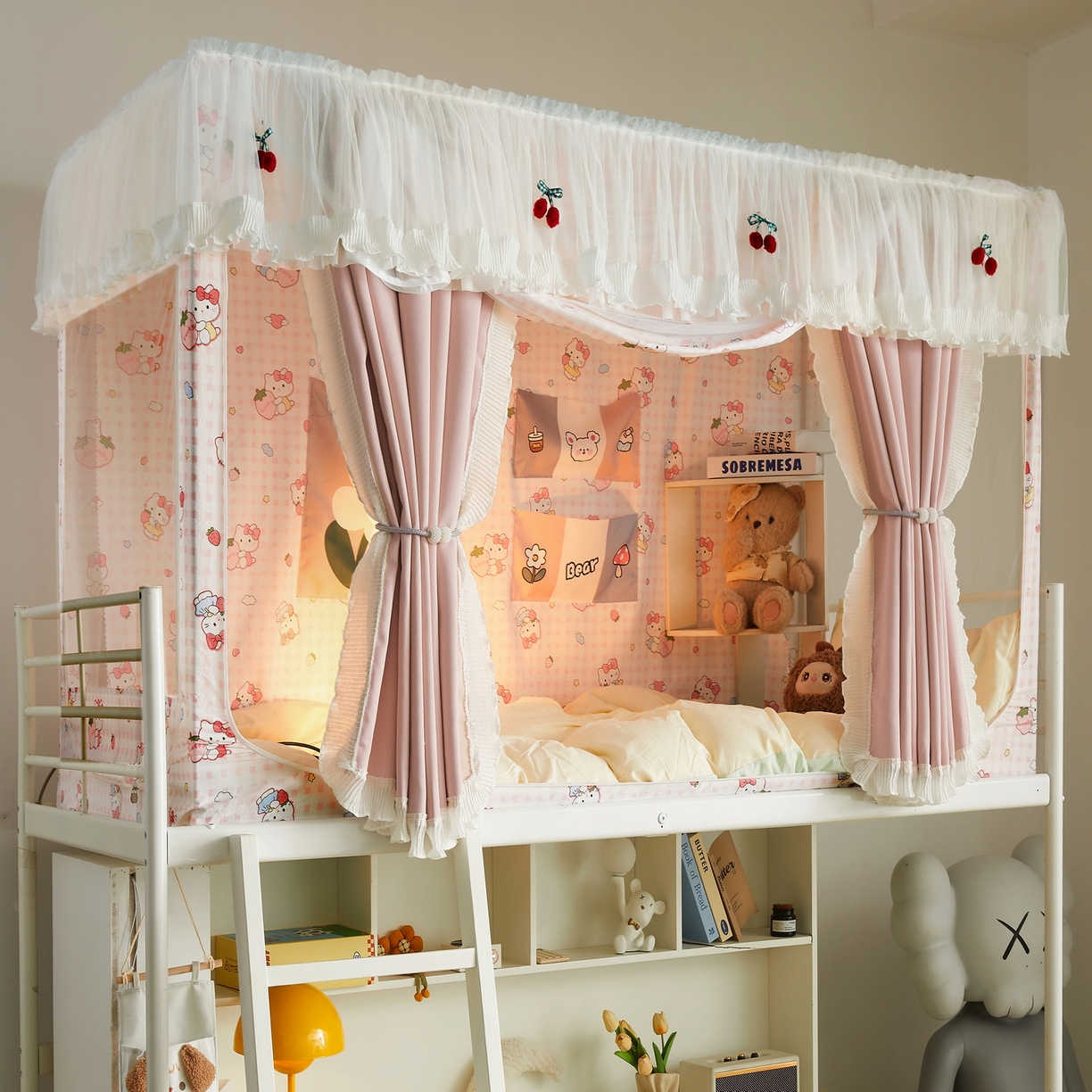 91家纺网 家纺一手货源 找家纺 （总）夏彩 2025新款棉麻雪纺花边床帘强遮光印花铁艺支架学生蚊帐-88626