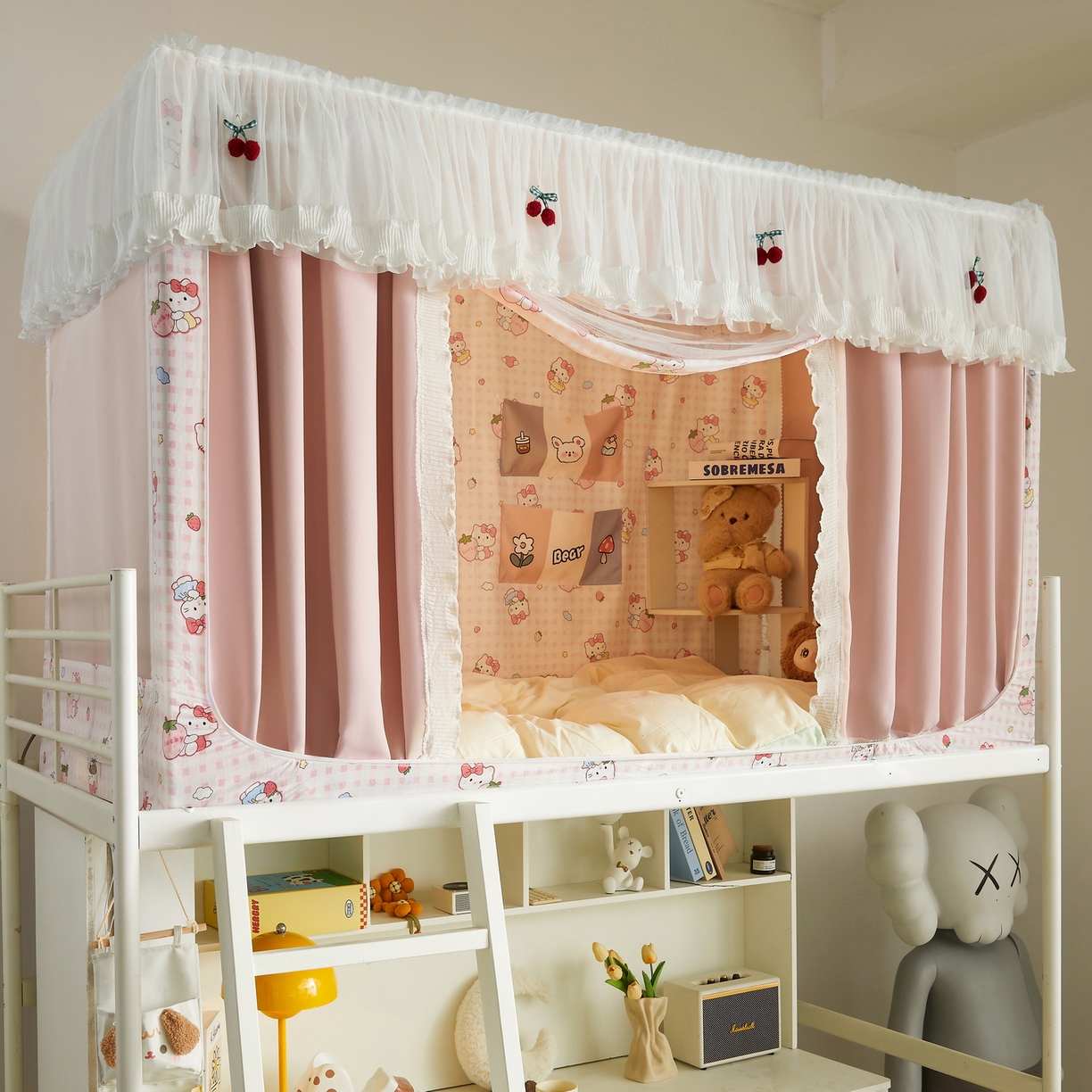 91家纺网 家纺一手货源 找家纺 （总）夏彩 2025新款棉麻雪纺花边床帘强遮光印花铁艺支架学生蚊帐-88626