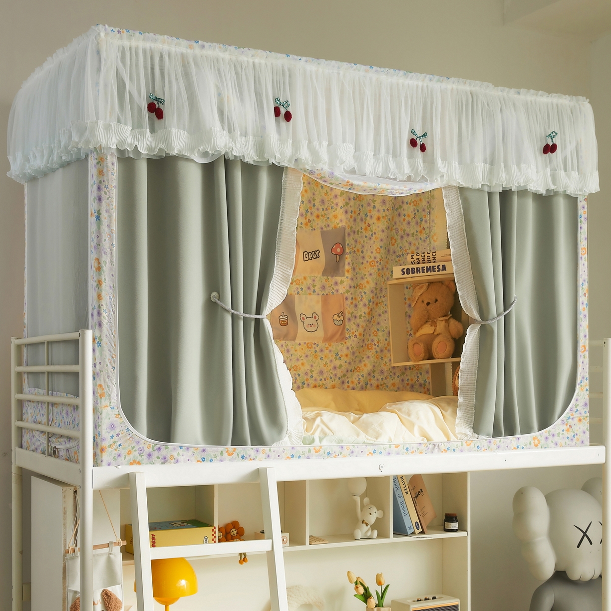 91家纺网 家纺一手货源 找家纺 （总）夏彩 2025新款棉麻雪纺花边床帘强遮光印花铁艺支架学生蚊帐-88626