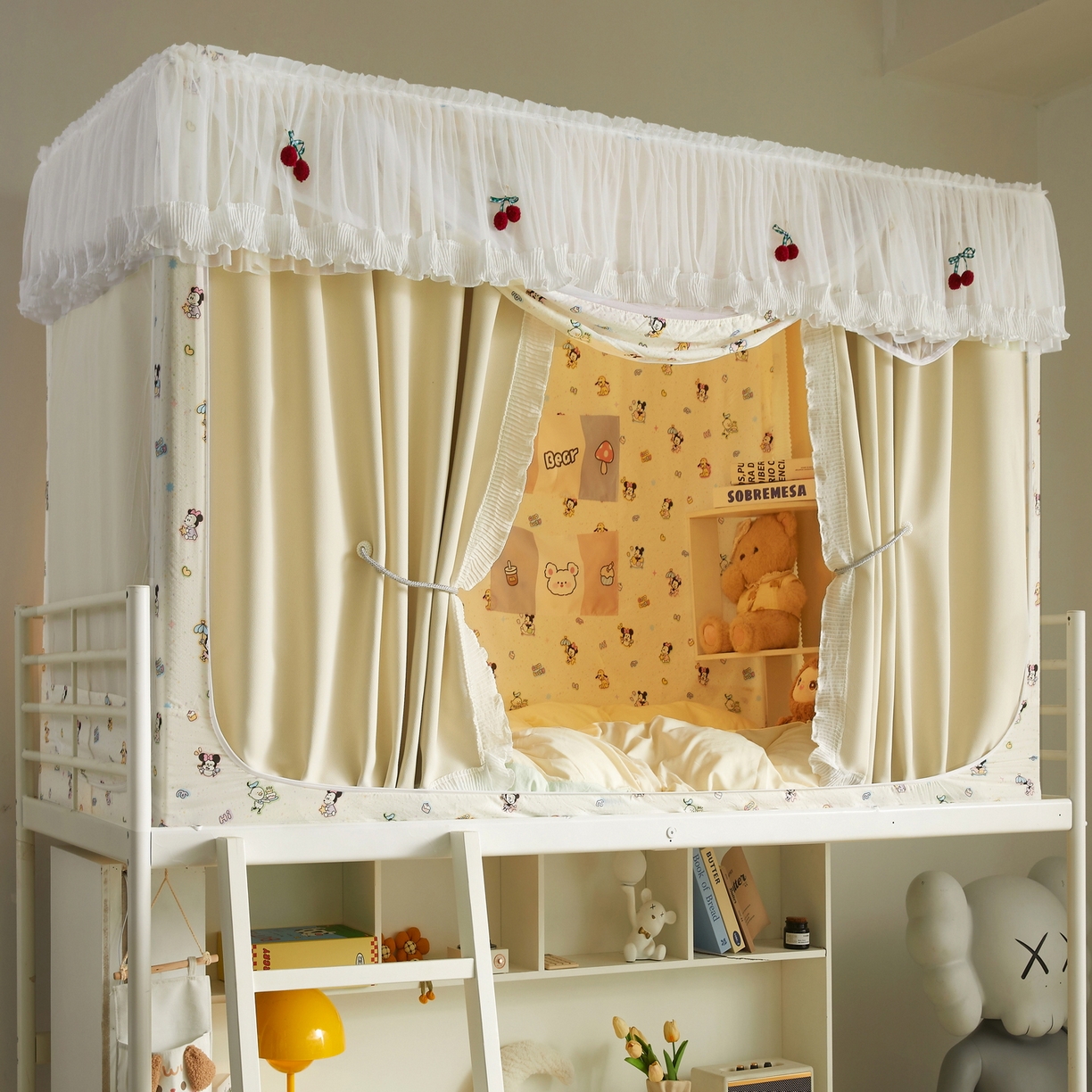 91家纺网 家纺一手货源 找家纺 （总）夏彩 2025新款棉麻雪纺花边床帘强遮光印花铁艺支架学生蚊帐-88626