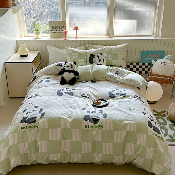 91家纺网 家纺一手货源 找家纺 麦伦家居 2025新款40s斜纹全棉纯棉跑量款卡通小清新四件套 小熊猫