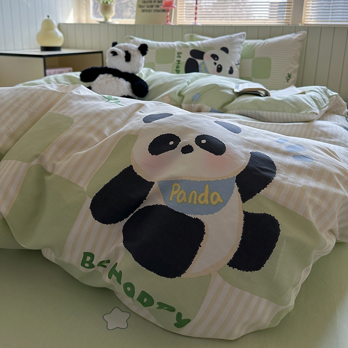 91家纺网 家纺一手货源 找家纺 麦伦家居 2025新款40s斜纹全棉纯棉跑量款卡通小清新四件套 小熊猫