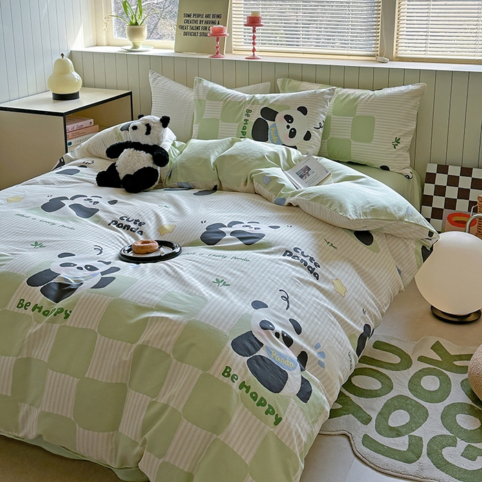 91家纺网 家纺一手货源 找家纺 麦伦家居 2025新款40s斜纹全棉纯棉跑量款卡通小清新四件套 小熊猫