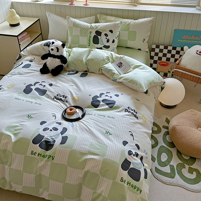 91家纺网 家纺一手货源 找家纺 麦伦家居 2025新款40s斜纹全棉纯棉跑量款卡通小清新四件套 小熊猫