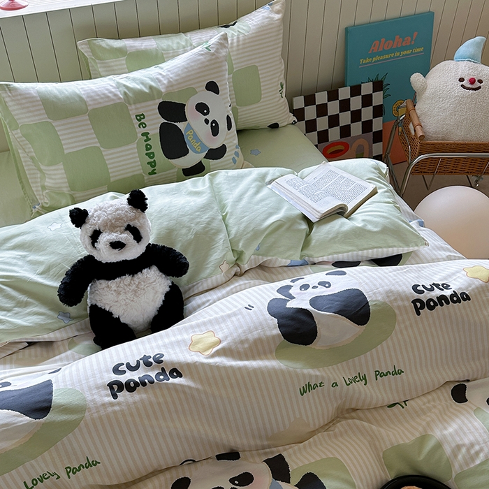 91家纺网 家纺一手货源 找家纺 麦伦家居 2025新款40s斜纹全棉纯棉跑量款卡通小清新四件套 小熊猫