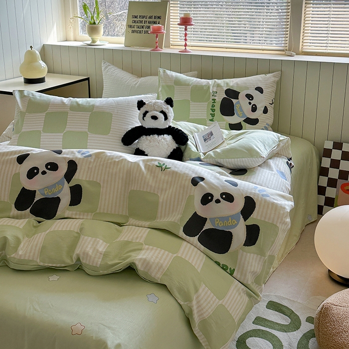 91家纺网 家纺一手货源 找家纺 麦伦家居 2025新款40s斜纹全棉纯棉跑量款卡通小清新四件套 小熊猫