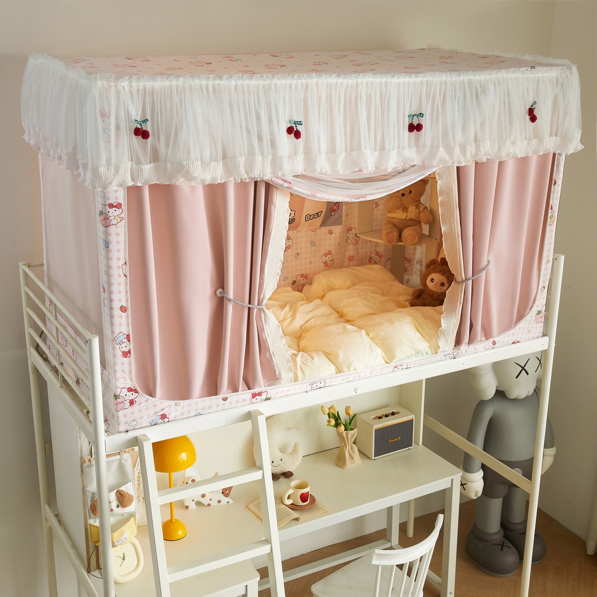 91家纺网 家纺一手货源 找家纺 夏彩 2025新款棉麻雪纺花边床帘强遮光印花铁艺支架学生蚊帐-88626 88626-芭蕾猫