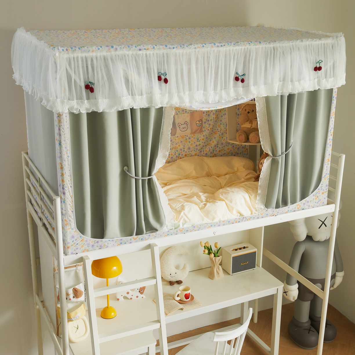 91家纺网 家纺一手货源 找家纺 夏彩 2025新款棉麻雪纺花边床帘强遮光印花铁艺支架学生蚊帐-88626 88626-花千朵