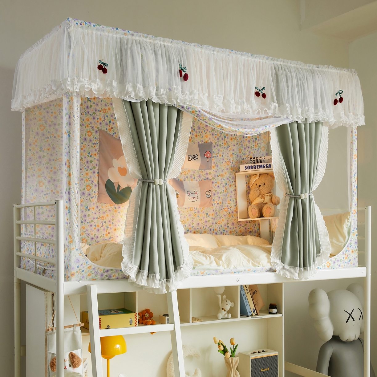 91家纺网 家纺一手货源 找家纺 夏彩 2025新款棉麻雪纺花边床帘强遮光印花铁艺支架学生蚊帐-88626 88626-花千朵