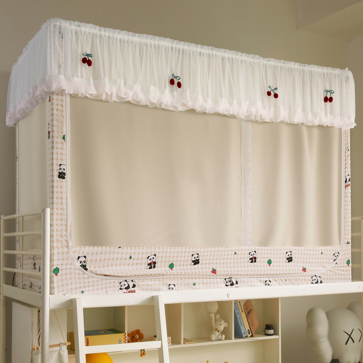 91家纺网 家纺一手货源 找家纺 夏彩 2025新款棉麻雪纺花边床帘强遮光印花铁艺支架学生蚊帐-88626 88626-礼物熊