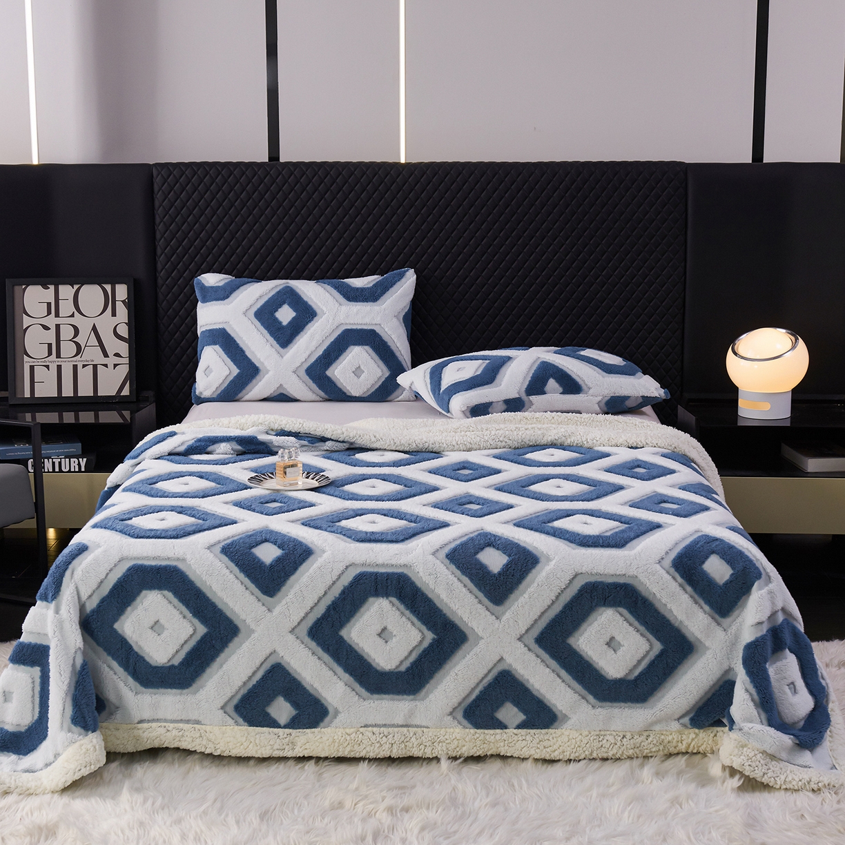 91家纺网 家纺一手货源 找家纺 （总）枋梢家纺 2025新款几何空间阳离子提花镂空塔芙绒羊羔绒保暖午睡双层毛毯办公室盖毯