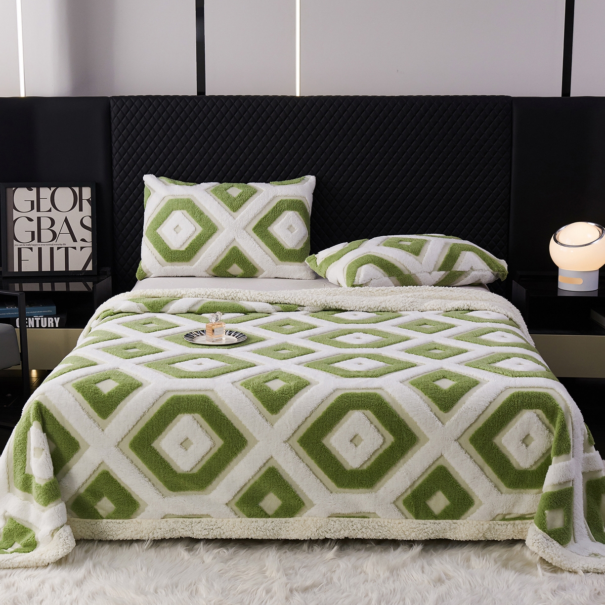 枋梢家纺 2025新款几何空间阳离子提花镂空塔芙绒羊羔绒保暖午睡双层毛毯办公室盖毯 几何-翠绿