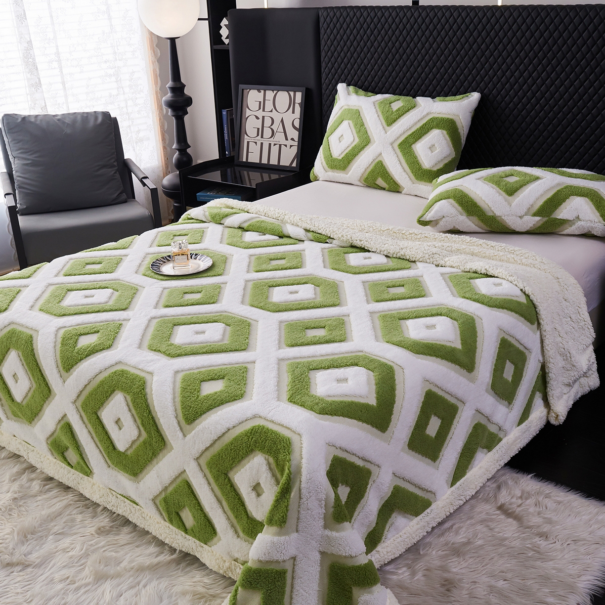 91家纺网 家纺一手货源 找家纺 枋梢家纺 2025新款几何空间阳离子提花镂空塔芙绒羊羔绒保暖午睡双层毛毯办公室盖毯 几何-翠绿