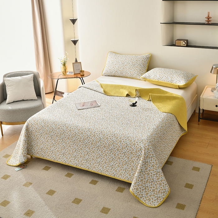 91家纺网 家纺一手货源 找家纺 橙子家居 2024新款高温水洗双面全棉纯棉斜纹13372印花款单品床盖  单床盖 莫娇-黄